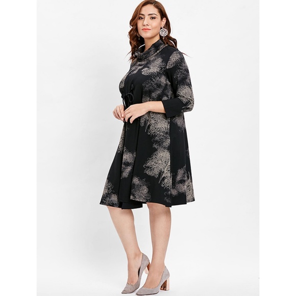 Plus Size Cowl Neck Printed Black Midi Dress - Picture 3 of 8